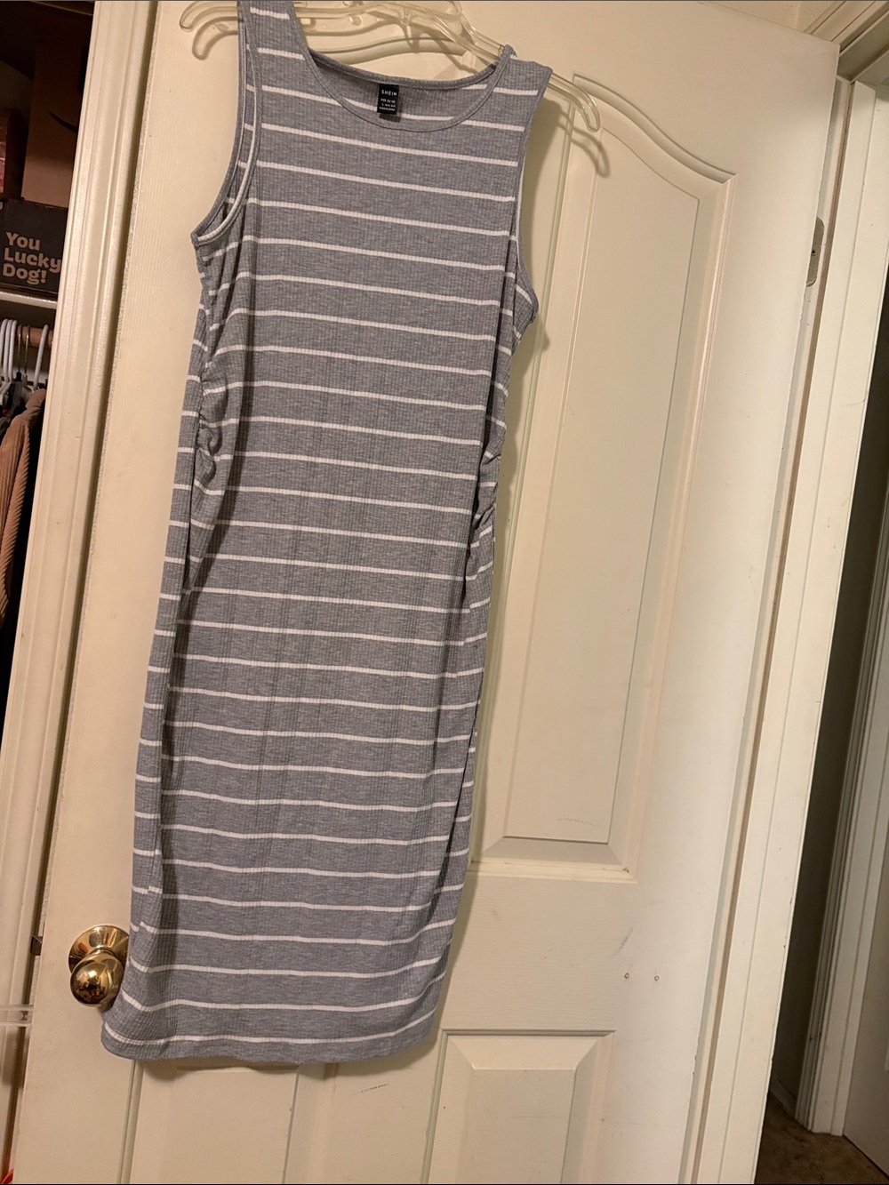 Maternity dress. Sleeveless Striped Knit Dress - Gray & White size large